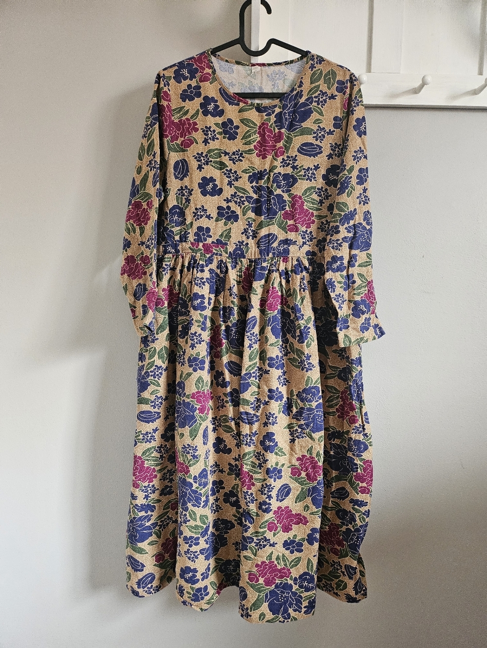 Cotton Linen Midi Dress Floral Print Crewneck Tie Waist Pockets Size S Cottage